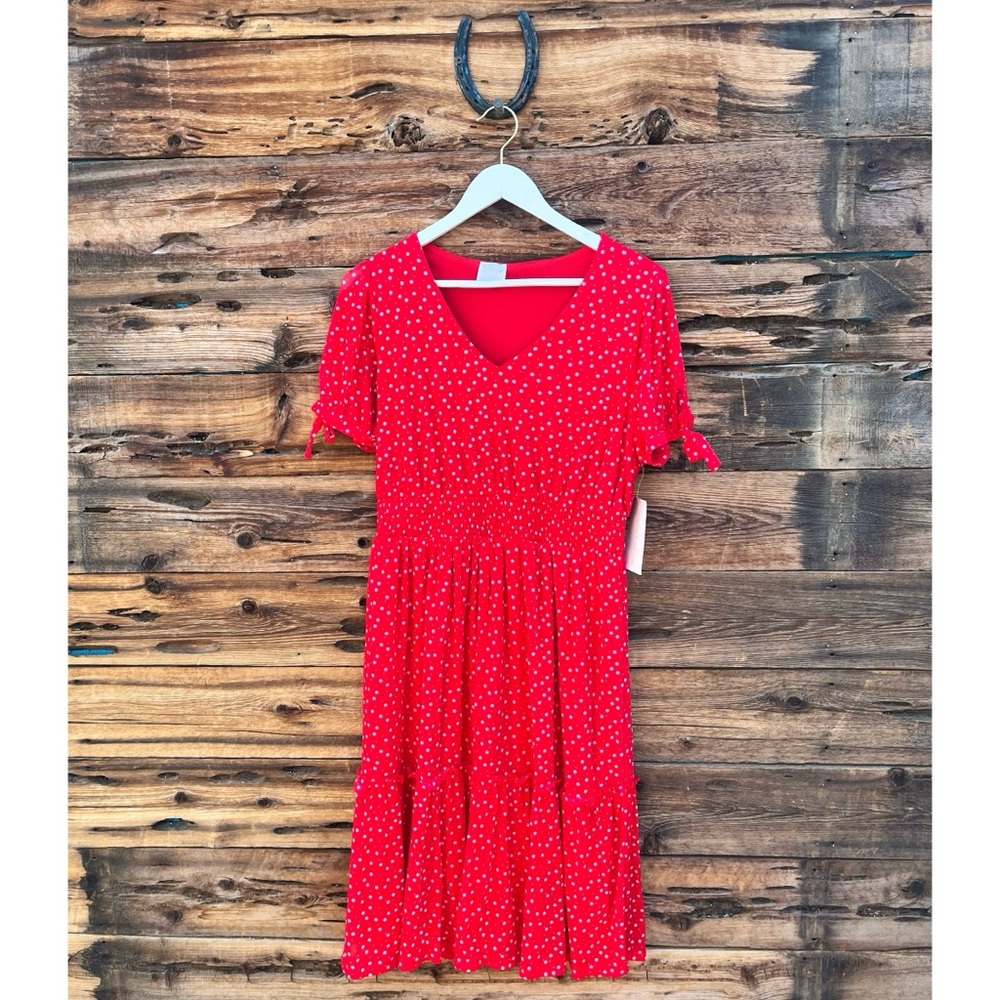 SIREN LILY | NWT Red Floral Short Sleeve Elastic Waist Lined Tiered Dress L